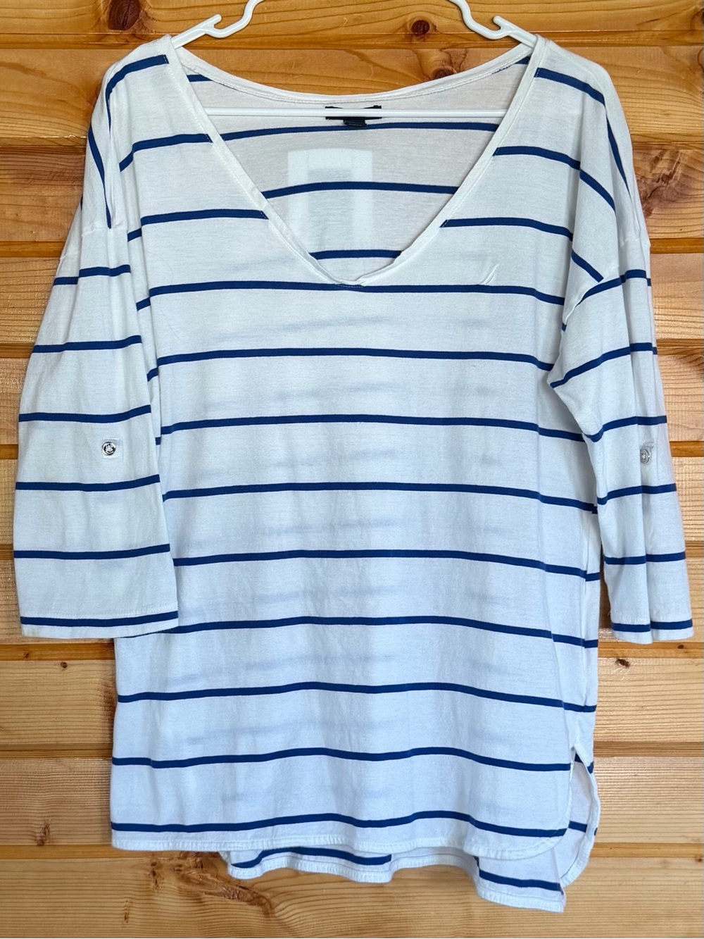 Nautica White V-Neck Top with Navy Stripes